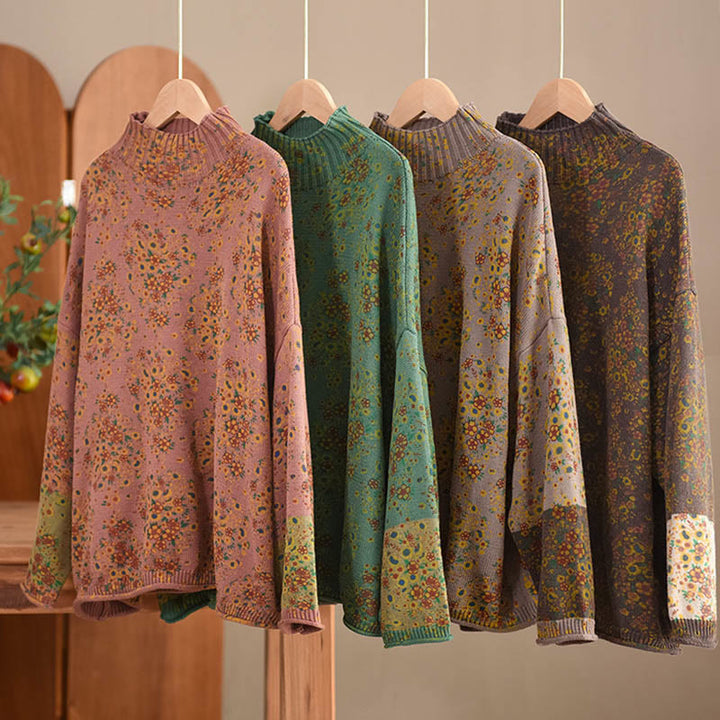 Pull en maille pour femme à manches longues et col montant, imprimé floral et Buddha Stones, motif automne - image 20