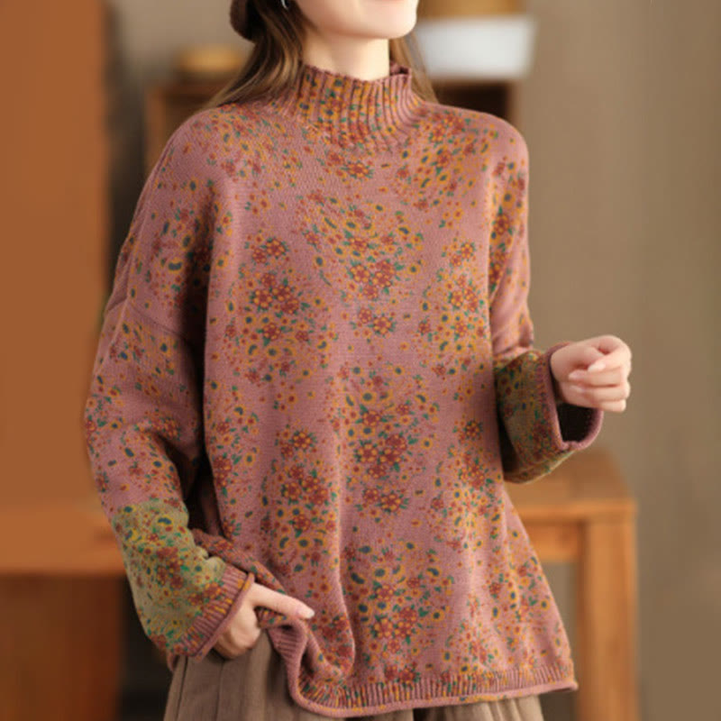 Pull en maille pour femme à manches longues et col montant, imprimé floral et Buddha Stones, motif automne - SandyBrown - US4-12，UK/AU8-16，EU36-44 (F) - image 0