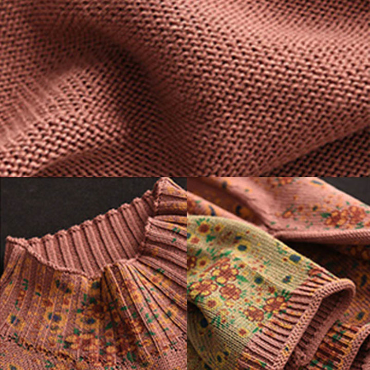 Pull en maille pour femme à manches longues et col montant, imprimé floral et Buddha Stones, motif automne - image 7