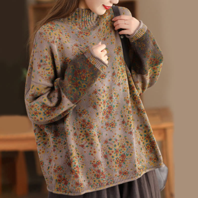 Pull en maille pour femme à manches longues et col montant, imprimé floral et Buddha Stones, motif automne - BurlyWood - US4-12，UK/AU8-16，EU36-44 (F) - image 10