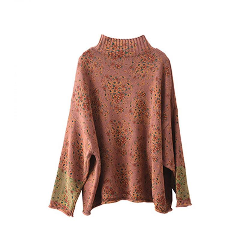 Pull en maille pour femme à manches longues et col montant, imprimé floral et Buddha Stones, motif automne - image 9