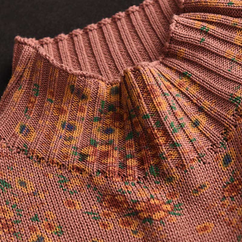 Pull en coton tricoté pour femme, imprimé floral automnal, manches longues et col montant, Buddha Stones - image 3