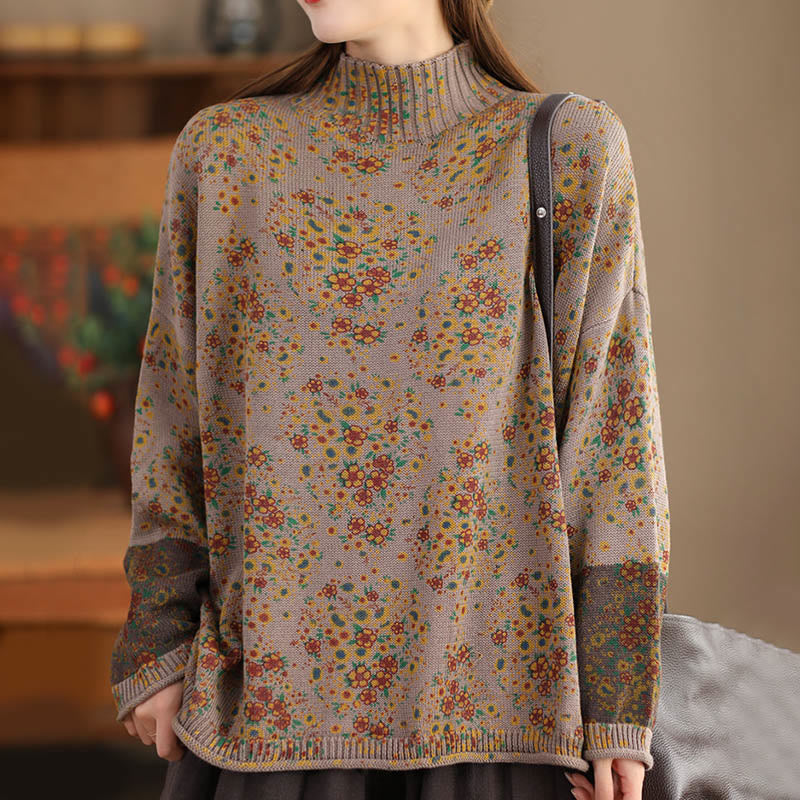 Pull en maille pour femme à manches longues et col montant, imprimé floral et Buddha Stones, motif automne - image 12