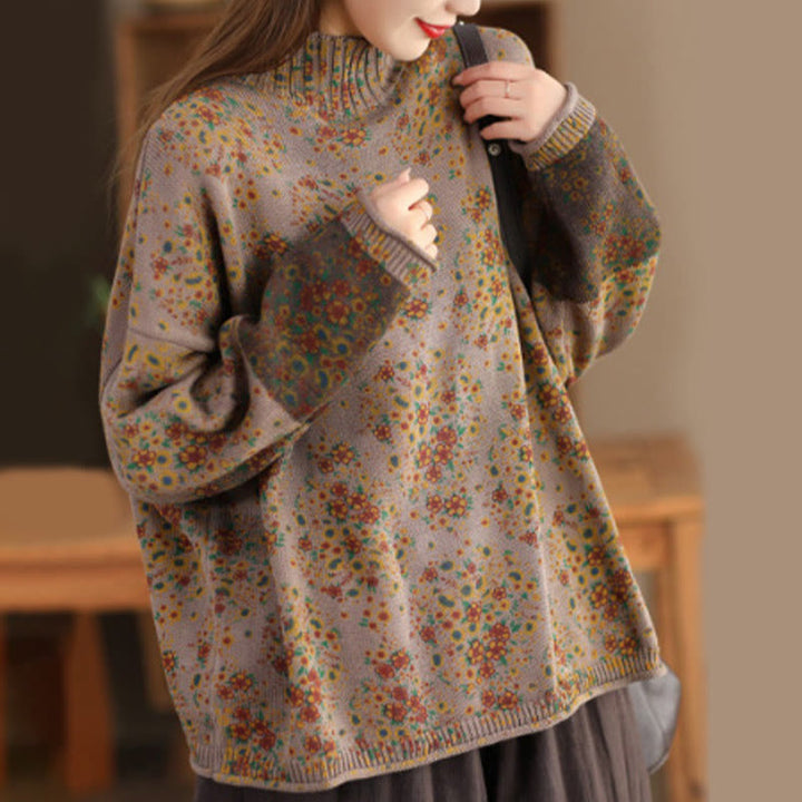 Pull en maille pour femme à manches longues et col montant, imprimé floral et Buddha Stones, motif automne - BurlyWood - US4-12，UK/AU8-16，EU36-44 (F) - image 10