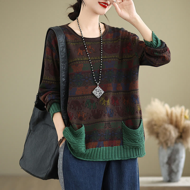 Pull à manches longues pour femme en coton tricoté, motif éléphant d'automne et Buddha Stones , avec poches - SaddleBrown - US4-6，UK/AU8-10，EU36-38 (F) - image 13