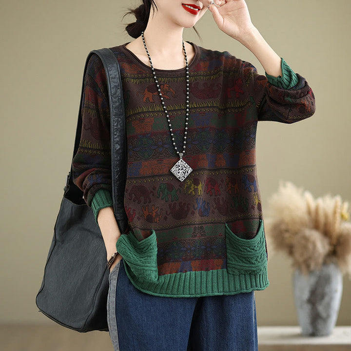 Pull à manches longues pour femme en coton tricoté, motif éléphant d'automne et Buddha Stones , avec poches - SaddleBrown - US4-6，UK/AU8-10，EU36-38 (F) - image 13