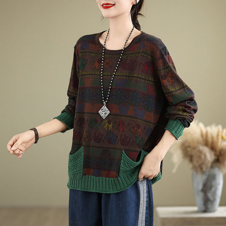 Pull à manches longues pour femme en coton tricoté, motif éléphant d'automne et Buddha Stones , avec poches - image 16