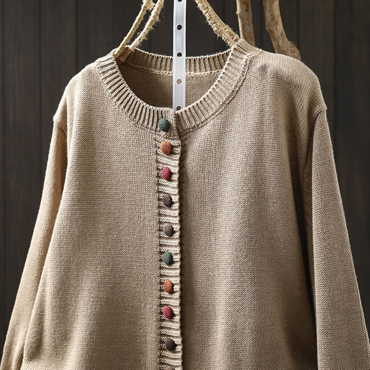 Gilet cardigan à manches longues pour femme en coton, orné de boutons colorés et tricoté uni avec des Buddha Stones - image 10