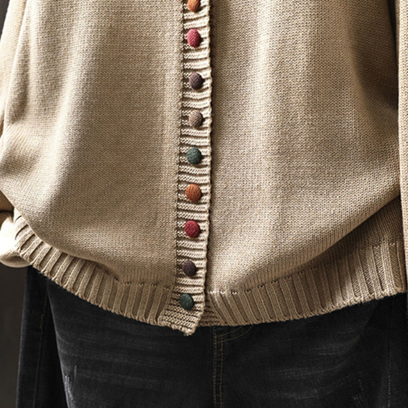 Gilet cardigan à manches longues pour femme en coton, orné de boutons colorés et tricoté uni avec des Buddha Stones - image 12