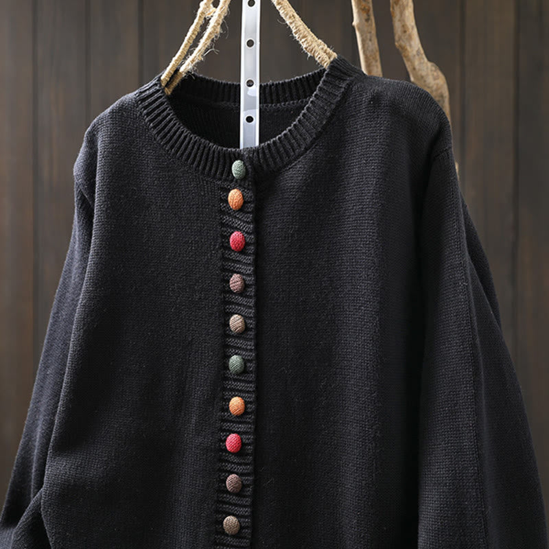 Gilet cardigan à manches longues pour femme en coton, orné de boutons colorés et tricoté uni avec des Buddha Stones - image 3