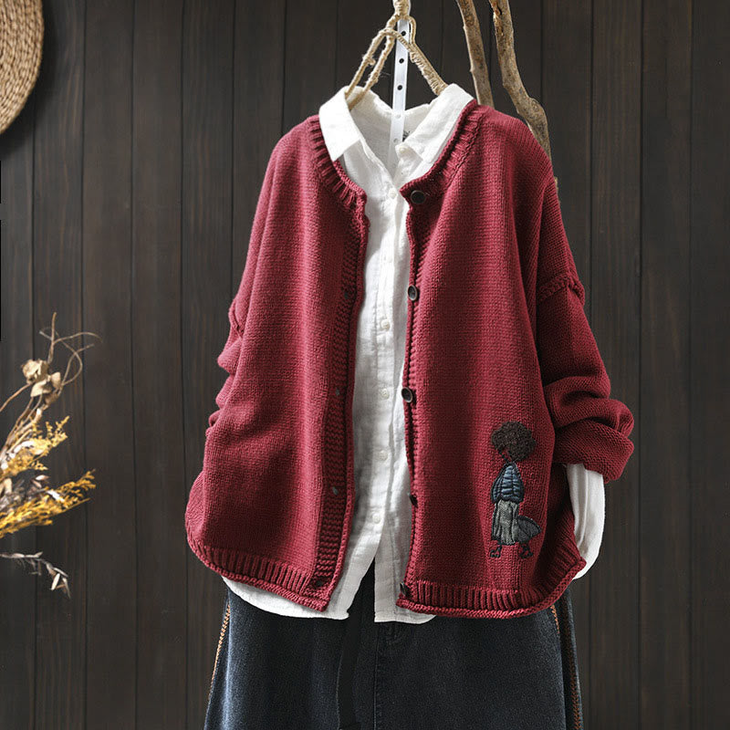 Gilet cardigan à manches longues pour femme en coton, orné de boutons et de motifs patchwork de Buddha Stones - Rouge foncé - US4-6，UK/AU8-10，EU36-38 (F) - image 11