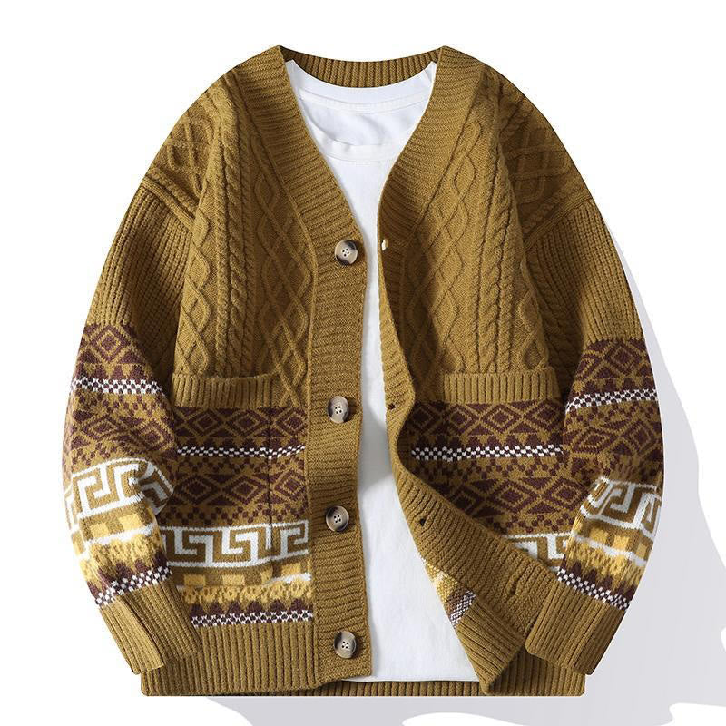 Pull en maille ethnique jacquard à manches longues pour homme avec poches , Buddha Stones - DarkGoldenrod - US/UK/AU44，EU54 (4XL) - image 8