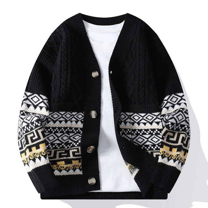 Pull en maille ethnique jacquard à manches longues pour homme avec poches , Buddha Stones - Noir - US/UK/AU44，EU54 (4XL) - image 7