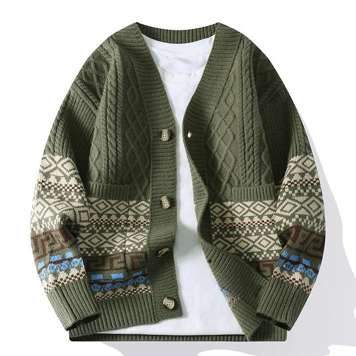 Pull en maille ethnique jacquard à manches longues pour homme avec poches , Buddha Stones - Vert olive foncé - US/UK/AU44，EU54 (4XL) - image 9