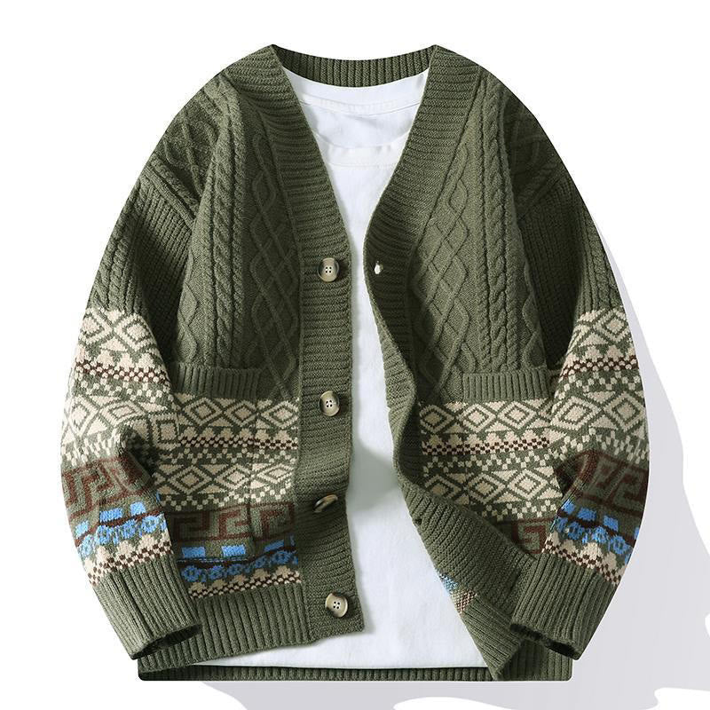 Pull en maille ethnique jacquard à manches longues pour homme avec poches , Buddha Stones - Vert olive foncé - US/UK/AU44，EU54 (4XL) - image 9
