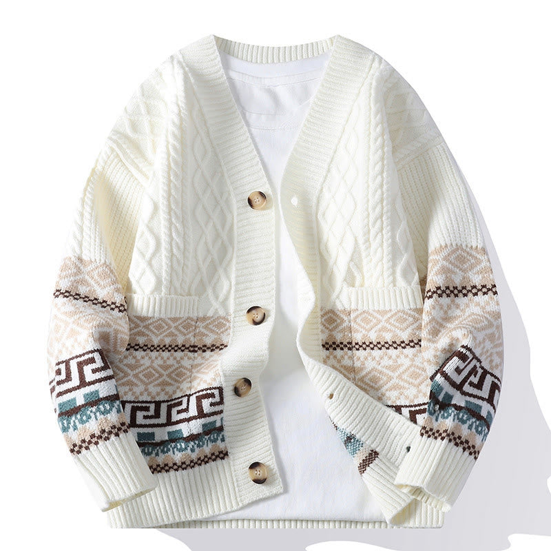 Pull en maille ethnique jacquard à manches longues pour homme avec poches , Buddha Stones - Blanc - US/UK/AU44，EU54 (4XL) - image 0