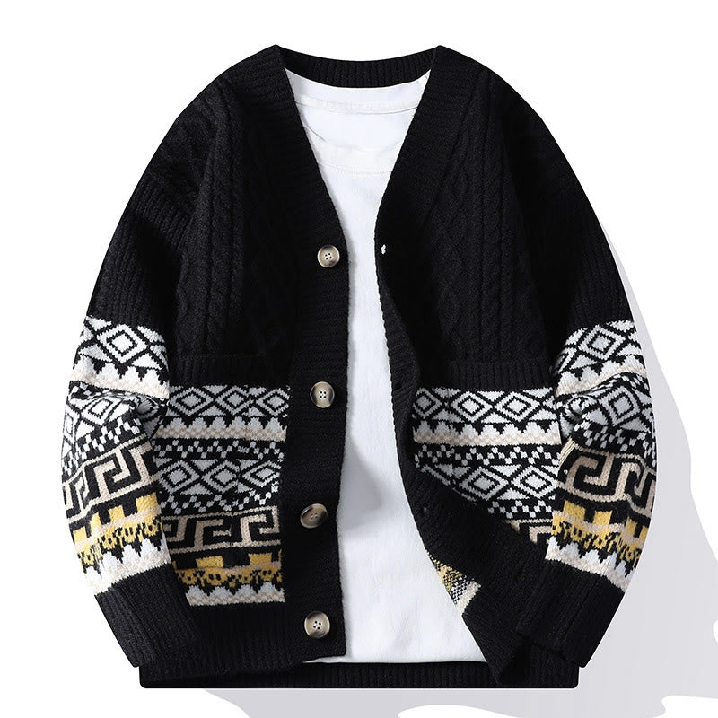 Pull en maille ethnique jacquard à manches longues pour homme avec poches , Buddha Stones - Noir - US/UK/AU44，EU54 (4XL) - image 7