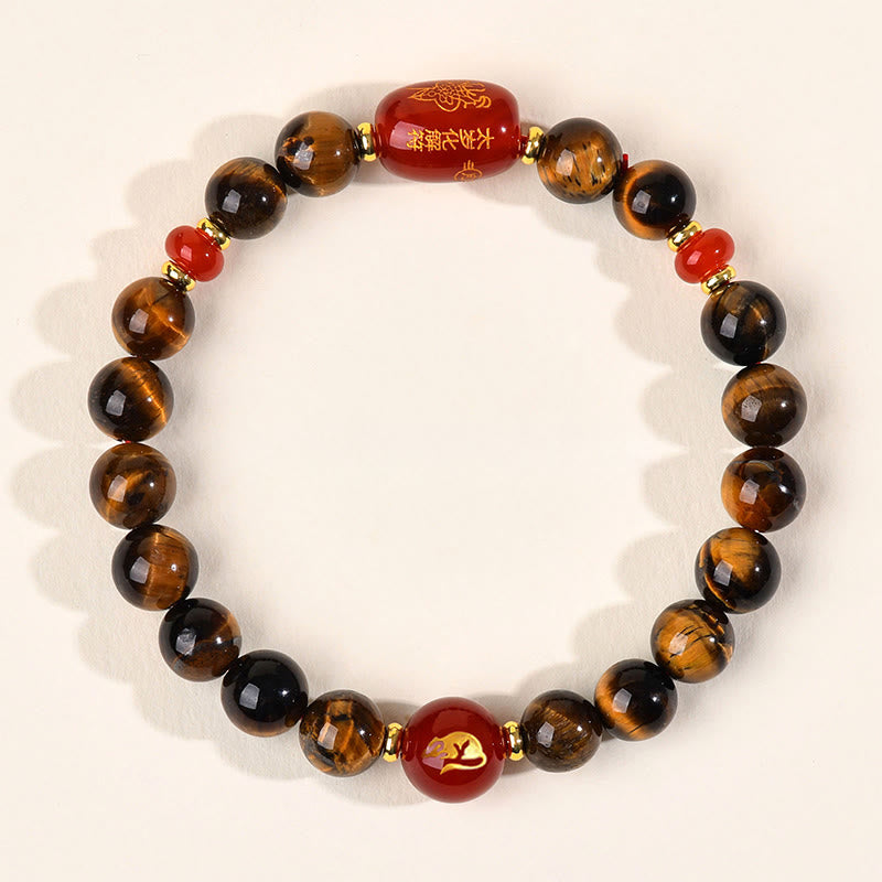 Bracelet de protection en agate rouge œil de tigre naturel Buddha Stones et les 12 signes du zodiaque chinois - 8 mm (Tour de poignet 14-16 cm) - Rat - image 0