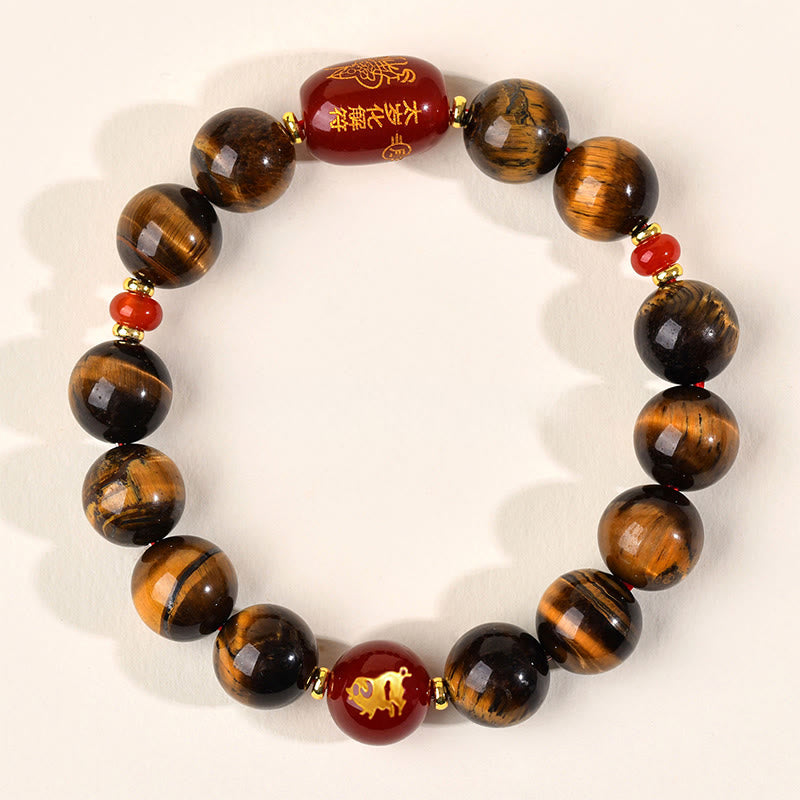 Bracelet de protection en agate rouge œil de tigre naturel Buddha Stones et les 12 signes du zodiaque chinois - 12 mm (Tour de poignet 17-18 cm) - Cochon - image 44