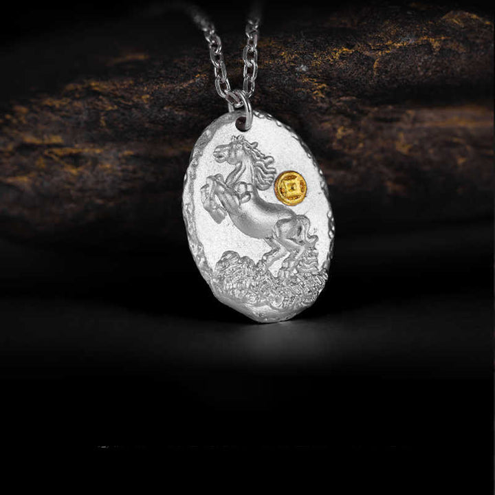 Buddha Stones, argent sterling 999, année du Cheval, pendentif collier de prospérité, chaîne en argent sterling 925. - Cheval - image 0