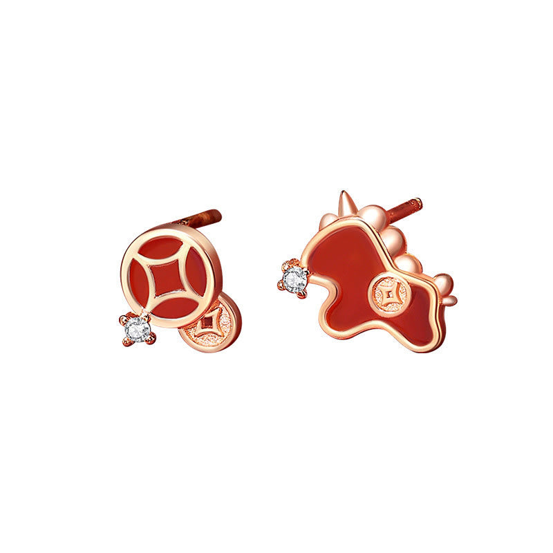 Boucles d'oreilles asymétriques de protection en argent sterling 925 et agate rouge, ornées de Buddha Stones et d'une pièce de monnaie, année du Cheval - image 4