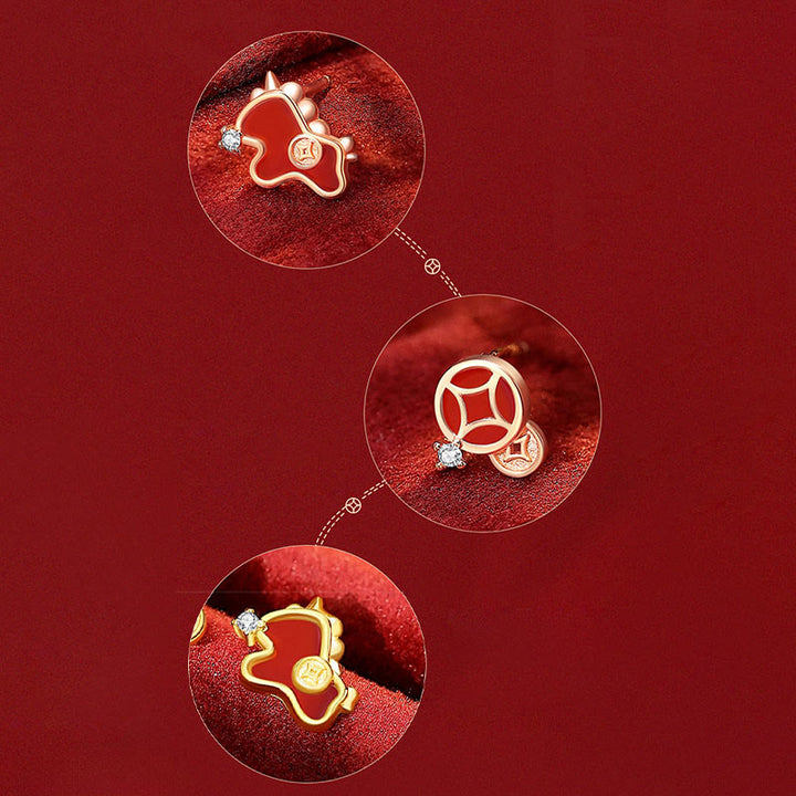 Boucles d'oreilles asymétriques de protection en argent sterling 925 et agate rouge, ornées de Buddha Stones et d'une pièce de monnaie, année du Cheval - image 9