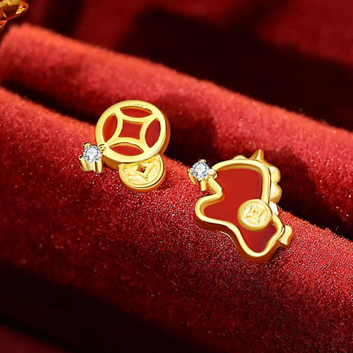 Boucles d'oreilles asymétriques de protection en argent sterling 925 et agate rouge, ornées de Buddha Stones et d'une pièce de monnaie, année du Cheval - Boucles d'oreilles Cheval d'or - image 6