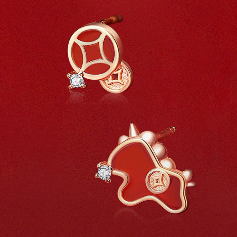 Boucles d'oreilles asymétriques de protection en argent sterling 925 et agate rouge, ornées de Buddha Stones et d'une pièce de monnaie, année du Cheval - image 1
