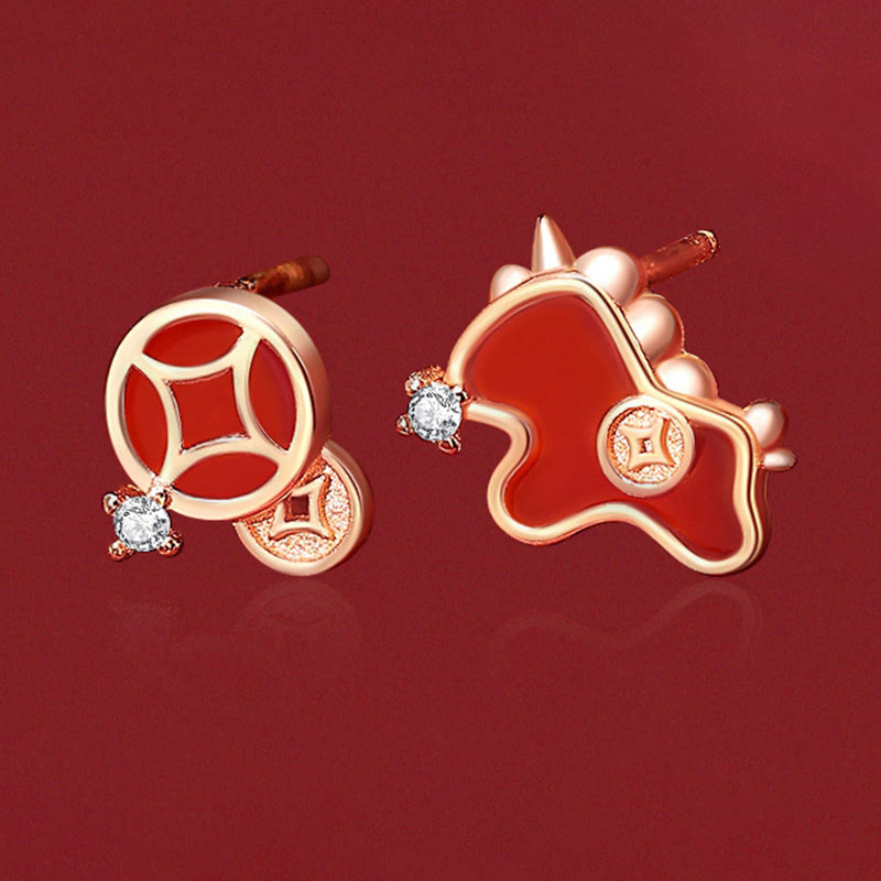 Boucles d'oreilles asymétriques de protection en argent sterling 925 et agate rouge, ornées de Buddha Stones et d'une pièce de monnaie, année du Cheval - image 2