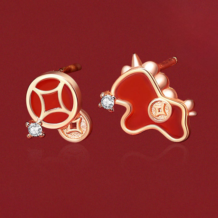 Boucles d'oreilles asymétriques de protection en argent sterling 925 et agate rouge, ornées de Buddha Stones et d'une pièce de monnaie, année du Cheval - image 2