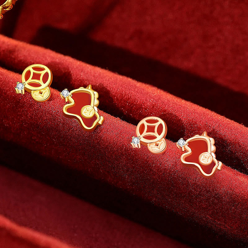 Boucles d'oreilles asymétriques de protection en argent sterling 925 et agate rouge, ornées de Buddha Stones et d'une pièce de monnaie, année du Cheval - image 8
