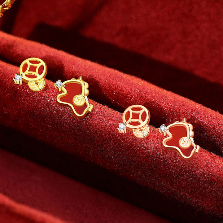 Boucles d'oreilles asymétriques de protection en argent sterling 925 et agate rouge, ornées de Buddha Stones et d'une pièce de monnaie, année du Cheval - image 8