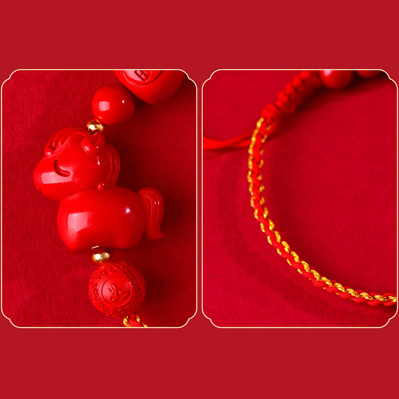 Bracelet porte-bonheur en cinabre naturel Buddha Stones, année du Cheval, symbole Fu, sac de bénédiction - image 5