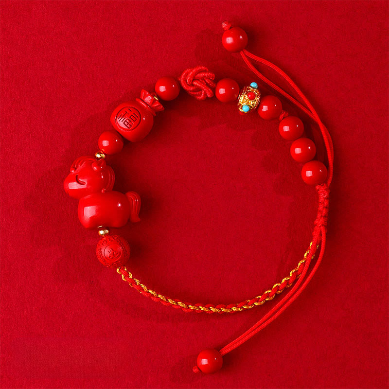 Bracelet porte-bonheur en cinabre naturel Buddha Stones, année du Cheval, symbole Fu, sac de bénédiction - image 2