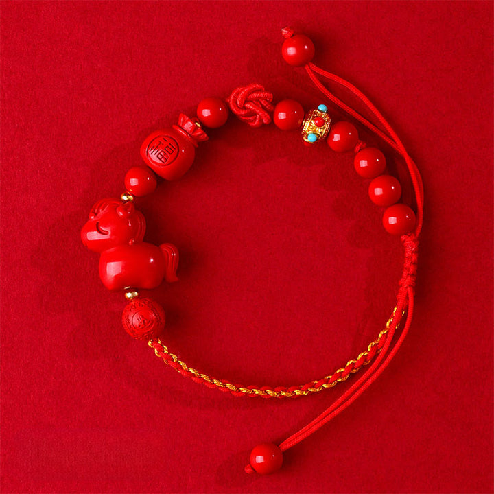 Bracelet porte-bonheur en cinabre naturel Buddha Stones, année du Cheval, symbole Fu, sac de bénédiction - image 2
