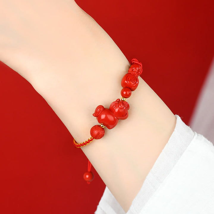 Bracelet porte-bonheur en cinabre naturel Buddha Stones, année du Cheval, symbole Fu, sac de bénédiction - image 4