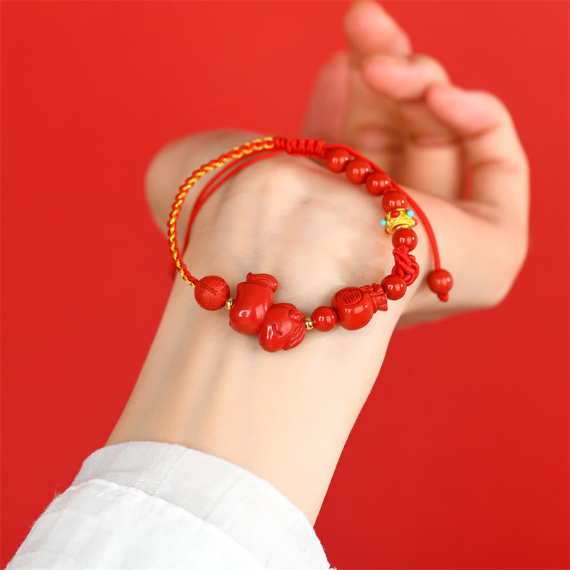 Bracelet porte-bonheur en cinabre naturel Buddha Stones, année du Cheval, symbole Fu, sac de bénédiction - image 3