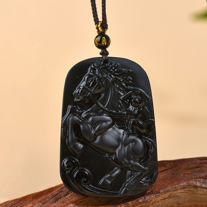 Buddha Stones Année du Cheval Pendentif Collier Force en Obsidienne Noire Naturelle Pierres de Bouddha, Année du Cheval - Obsidienne noire (Purification ♥ Transformation) - image 0
