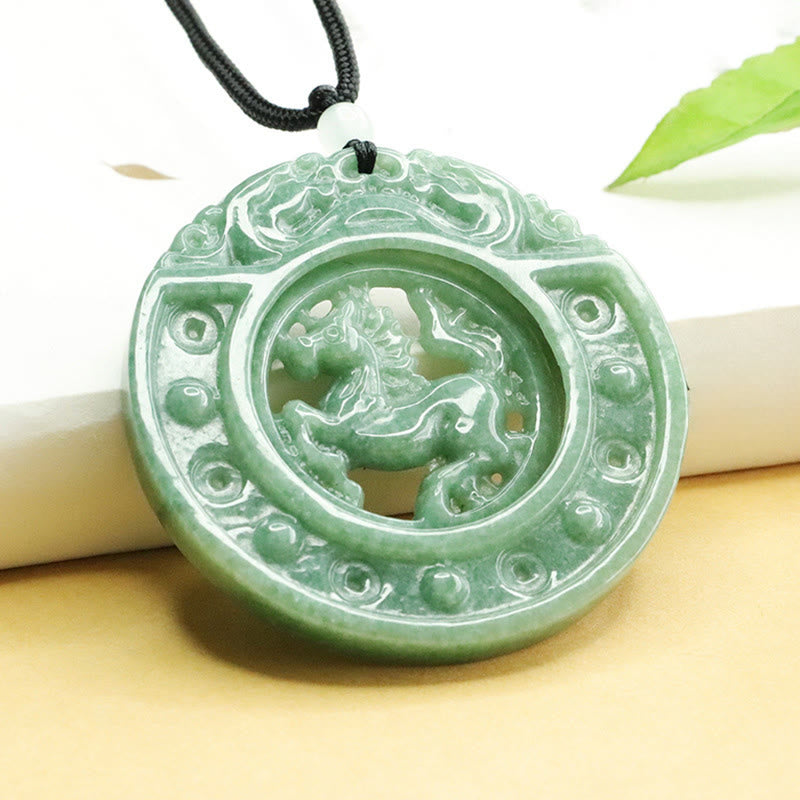 Buddha Stones Collier pendentif en jade rond porte-bonheur, année du Cheval, avec cordon, symbole de l'année du Cheval - image 1