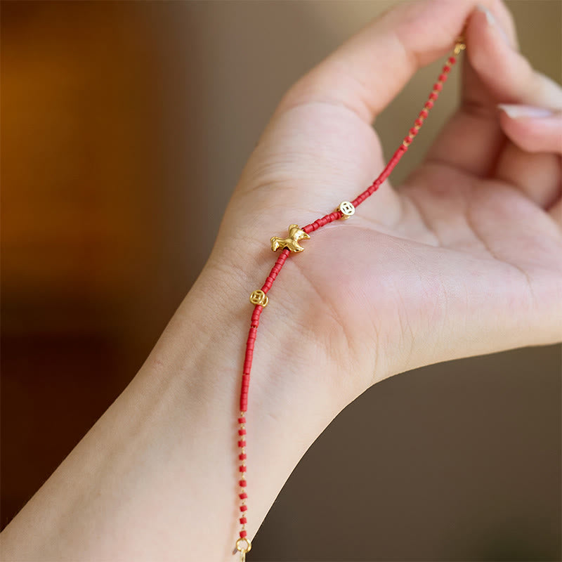 Bracelet de prospérité en verre Liuli rouge , Buddha Stones, plaqué or et argent sterling 925, année du Cheval - image 3