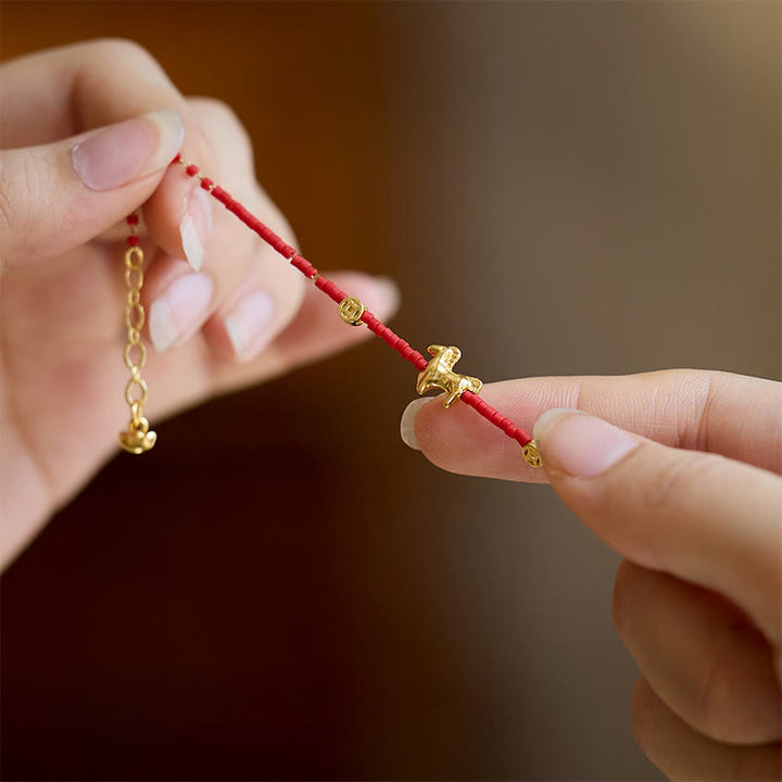 Bracelet de prospérité en verre Liuli rouge , Buddha Stones, plaqué or et argent sterling 925, année du Cheval - image 5