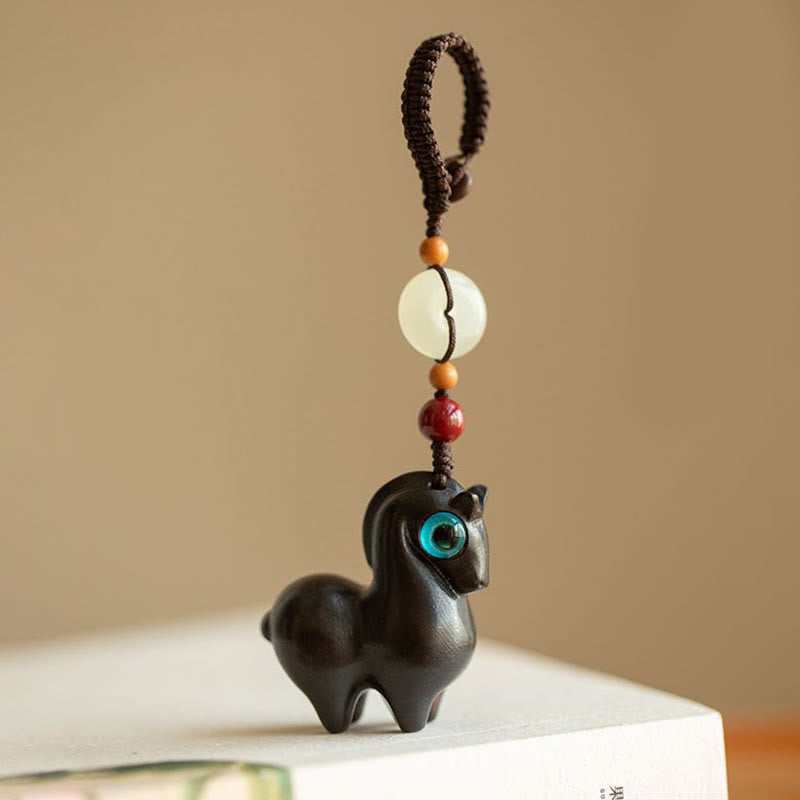 Buddha Stones Année du Cheval Petite feuille Bois de santal rouge Bois de santal vert Bois d'ébène Porte-clés Calme - Bois d'ébène - Corde à boutons - image 0