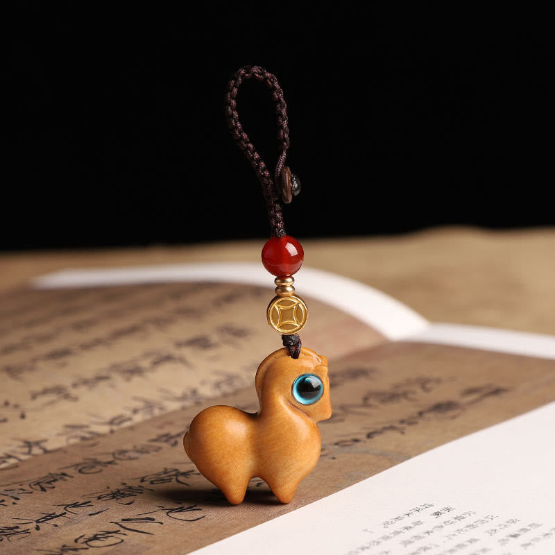 Buddha Stones Année du Cheval Petite feuille Bois de santal rouge Porte-clés apaisant Décoration à suspendre pour téléphone - Santal - Porte-clés - image 5