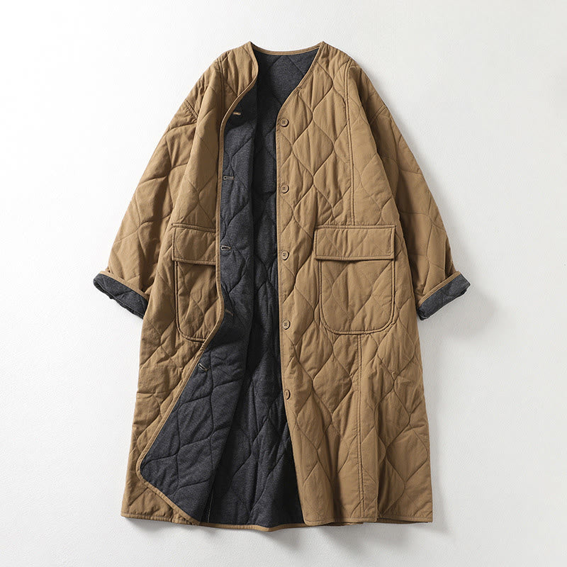 Manteau en coton pour femme, manches longues, col en V, boutons simples, Buddha Stones , avec poches - Tanné - US14，UK/AU18，EU46 (2XL) - image 0