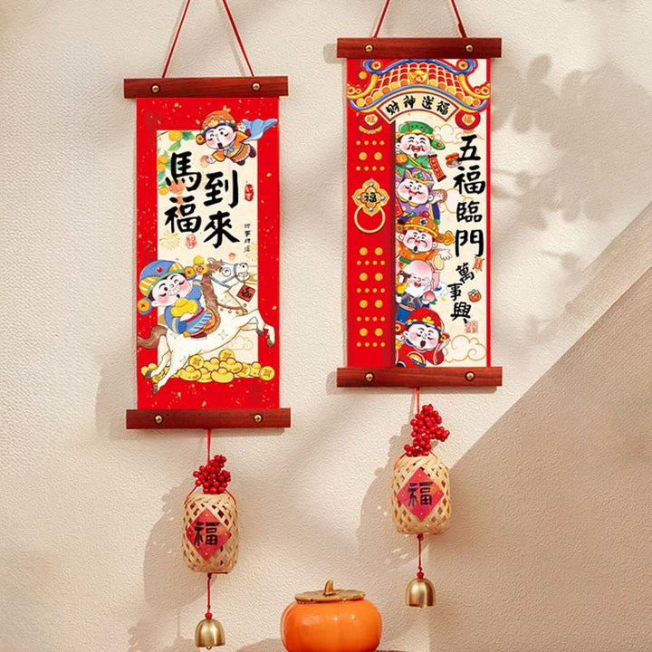 Buddha Stones, année du Cheval, Nouvel An chinois, Fête du Printemps, décoration suspendue porte-bonheur, décoration du Nouvel An chinois et de la Fête du Printemps - Cinq bénédictions arrivent à la maison, style Fu Charm, 15 x 60 cm - image 13