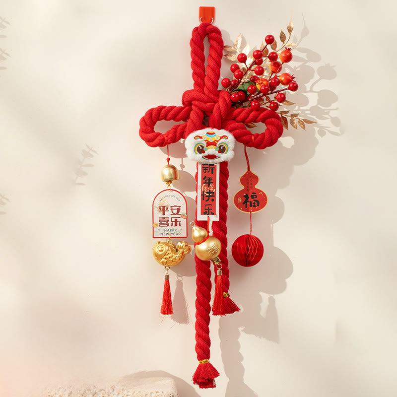 Buddha Stones Année du Cheval Lion dansant Caractère Fu Nœud chinois Décoration porte-bonheur - Calebasse Lion Dansant, grande taille 23*55 cm - image 16