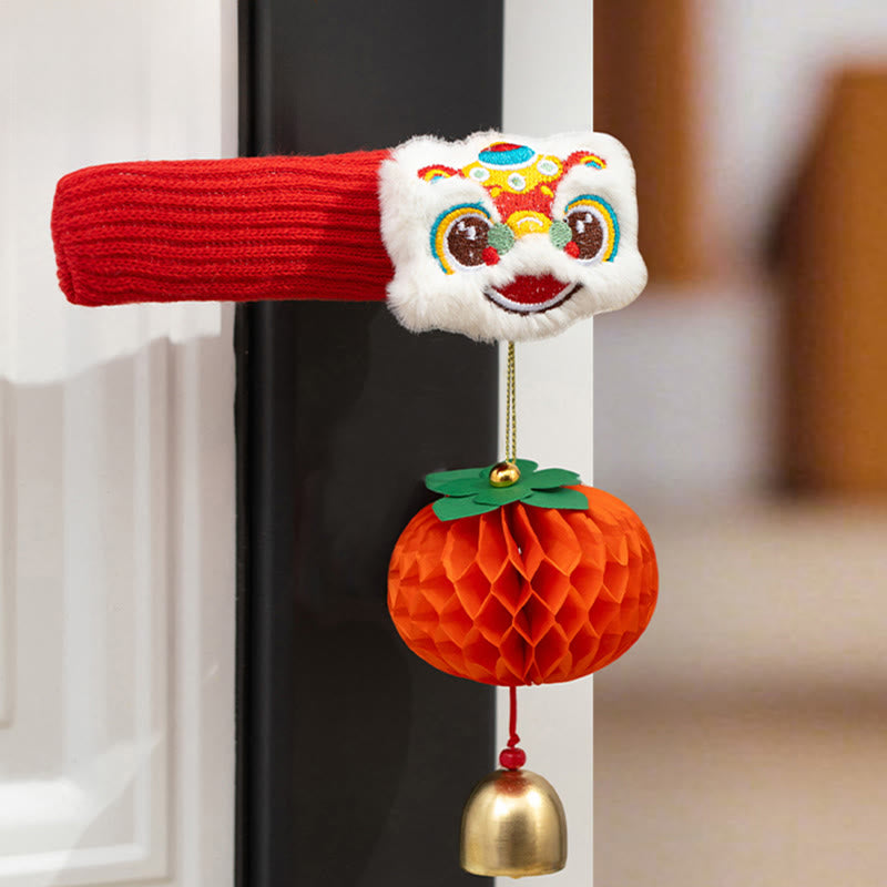 Buddha Stones, Année du Cheval, Lion Dansant, Personnage Fu, Poignée de Porte, Décoration de Bénédiction - Lion dansant et kaki (2 pièces) 16*20cm - image 8