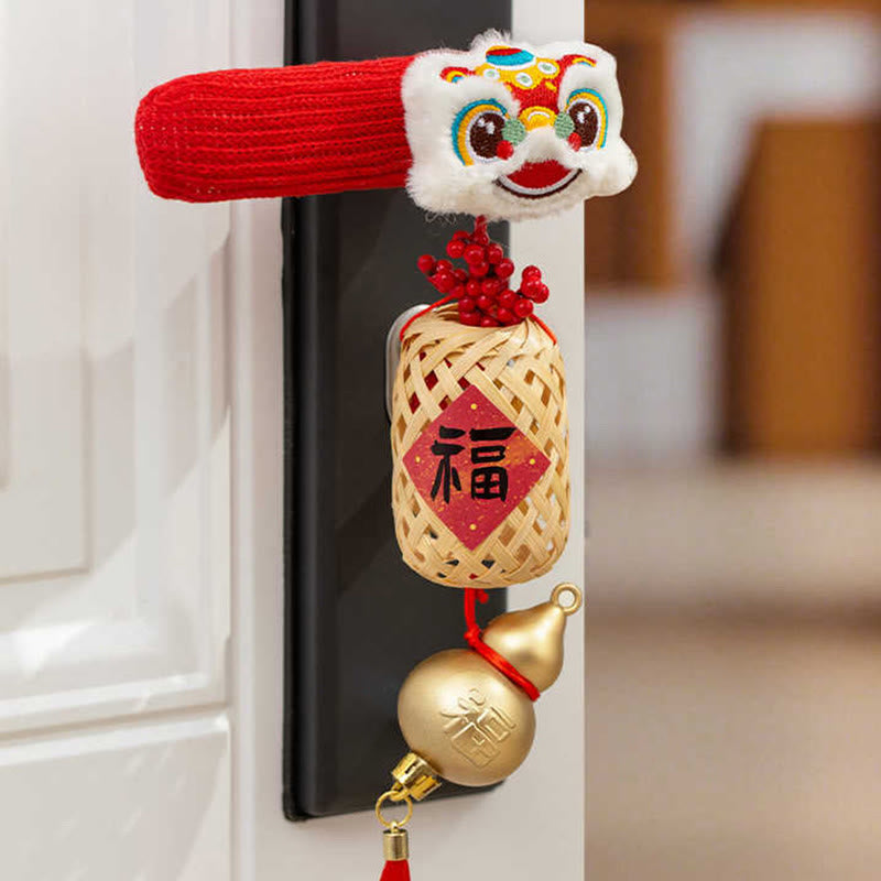 Buddha Stones, Année du Cheval, Lion Dansant, Personnage Fu, Poignée de Porte, Décoration de Bénédiction - Lion dansant et calebasse en 2 pièces 16*20cm - image 4
