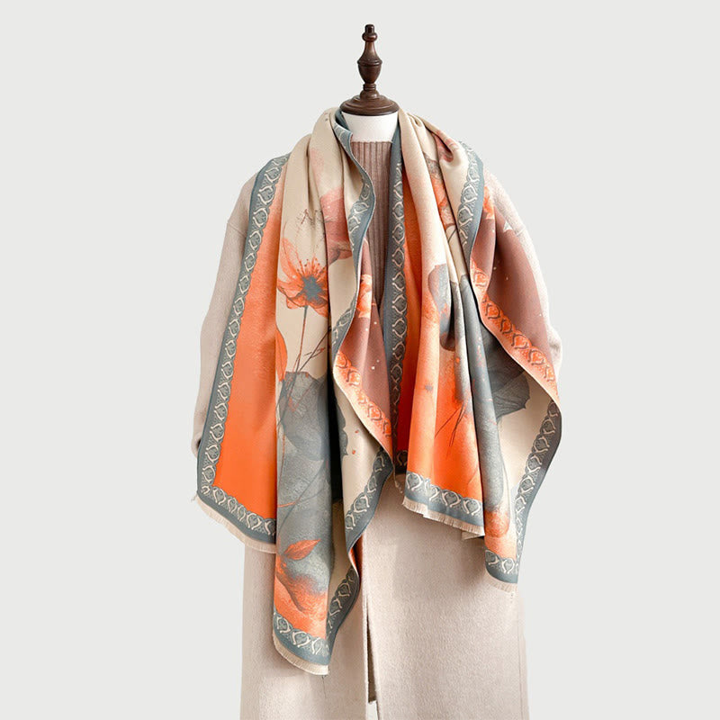 Buddha Stones Peinture à l'encre d'hiver Motif de fleurs de lotus et de feuilles Écharpe douce Châle - SandyBrown - 180 x 65 cm - image 0