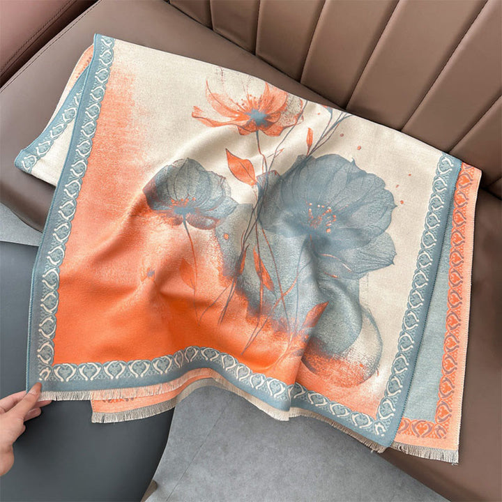 Buddha Stones Peinture à l'encre d'hiver Motif de fleurs de lotus et de feuilles Écharpe douce Châle - image 1